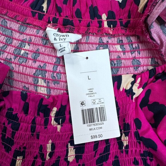 Crown & Ivy Leopard Print Smocked Front Maxi Dress Pink Navy Large NEW - Picture 5 of 10